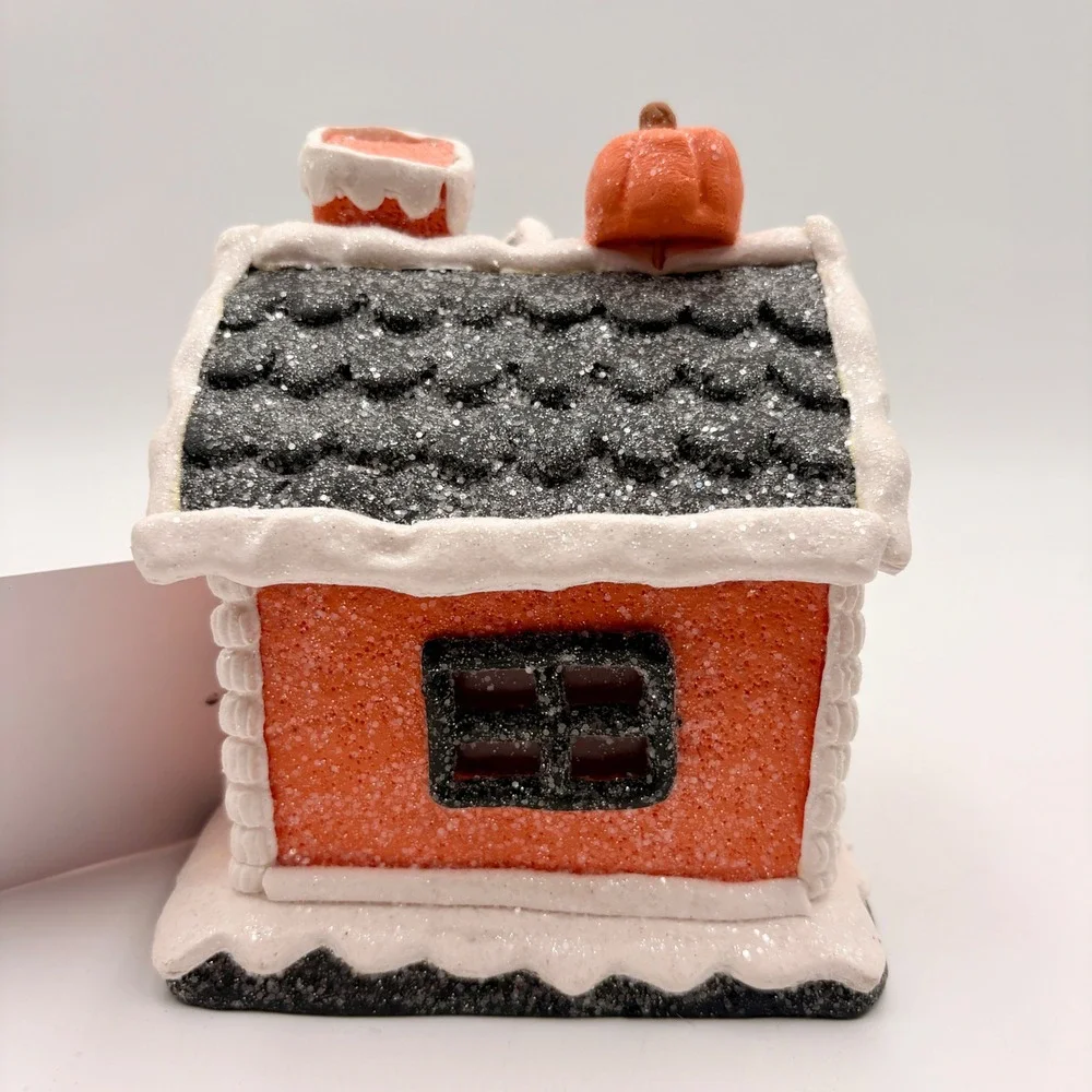 Jack O Lantern LED Lane Halloween Gingerbread House Orange Black Glitter Decor